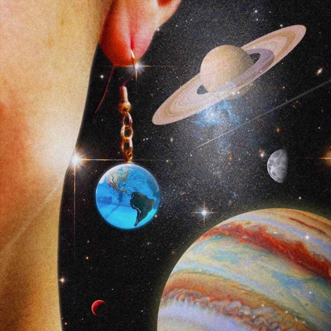 natural Earth Earrings in space woman facing front