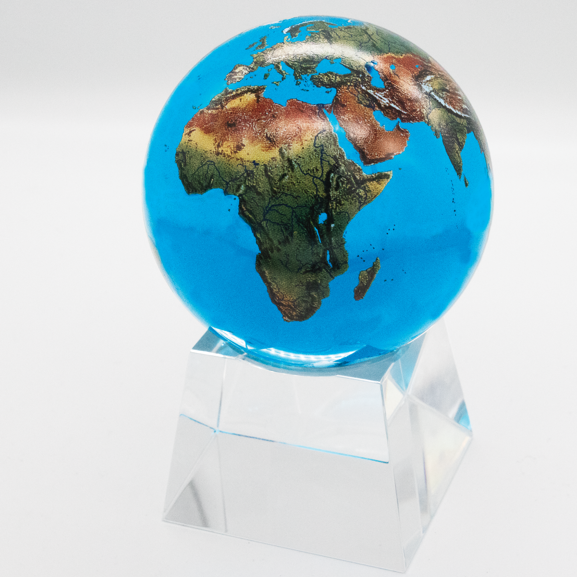 3” Aqua Crystal Natural Earth Globe - On Spinning Tapered Glass Base