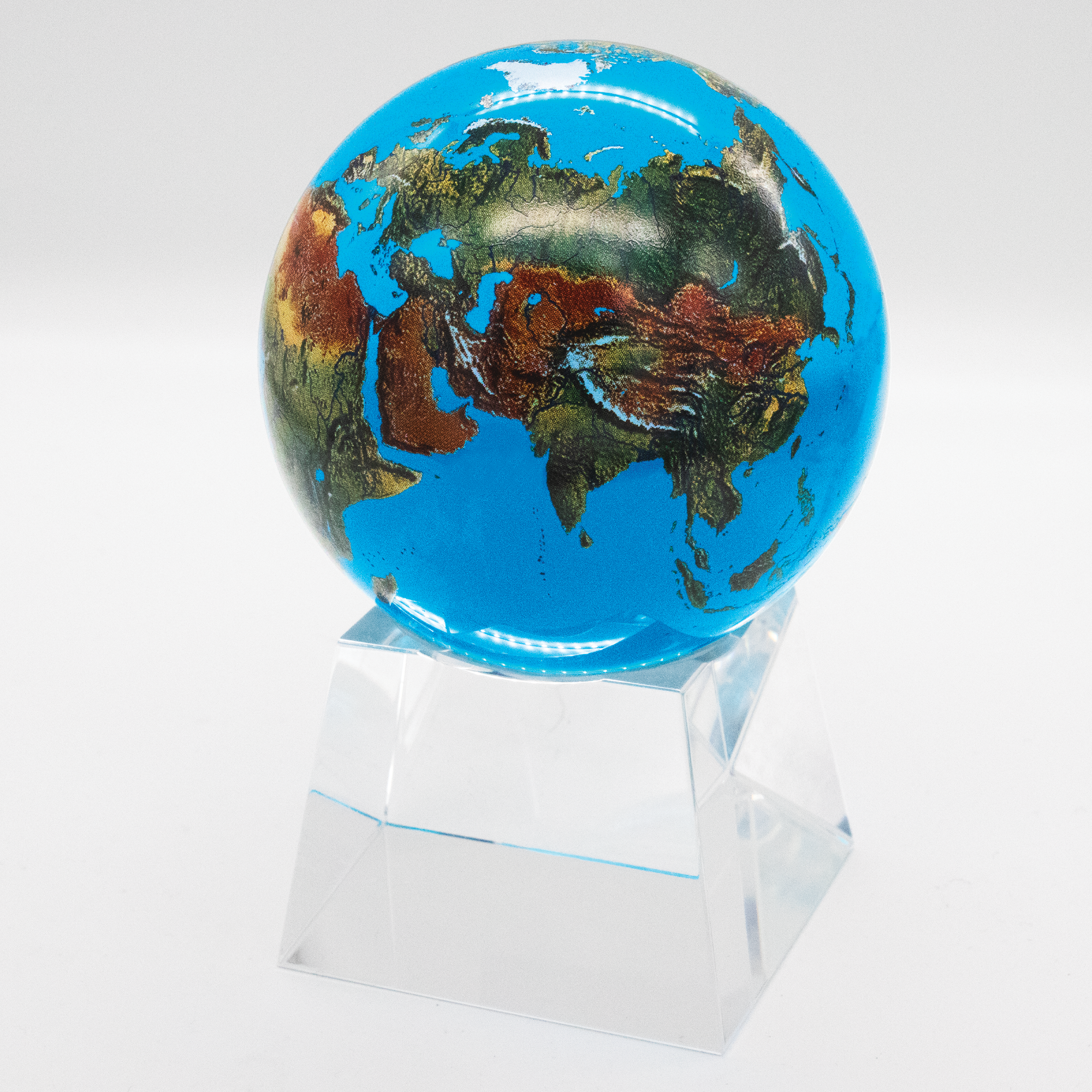 3” Aqua Crystal Natural Earth Globe - On Spinning Tapered Glass Base