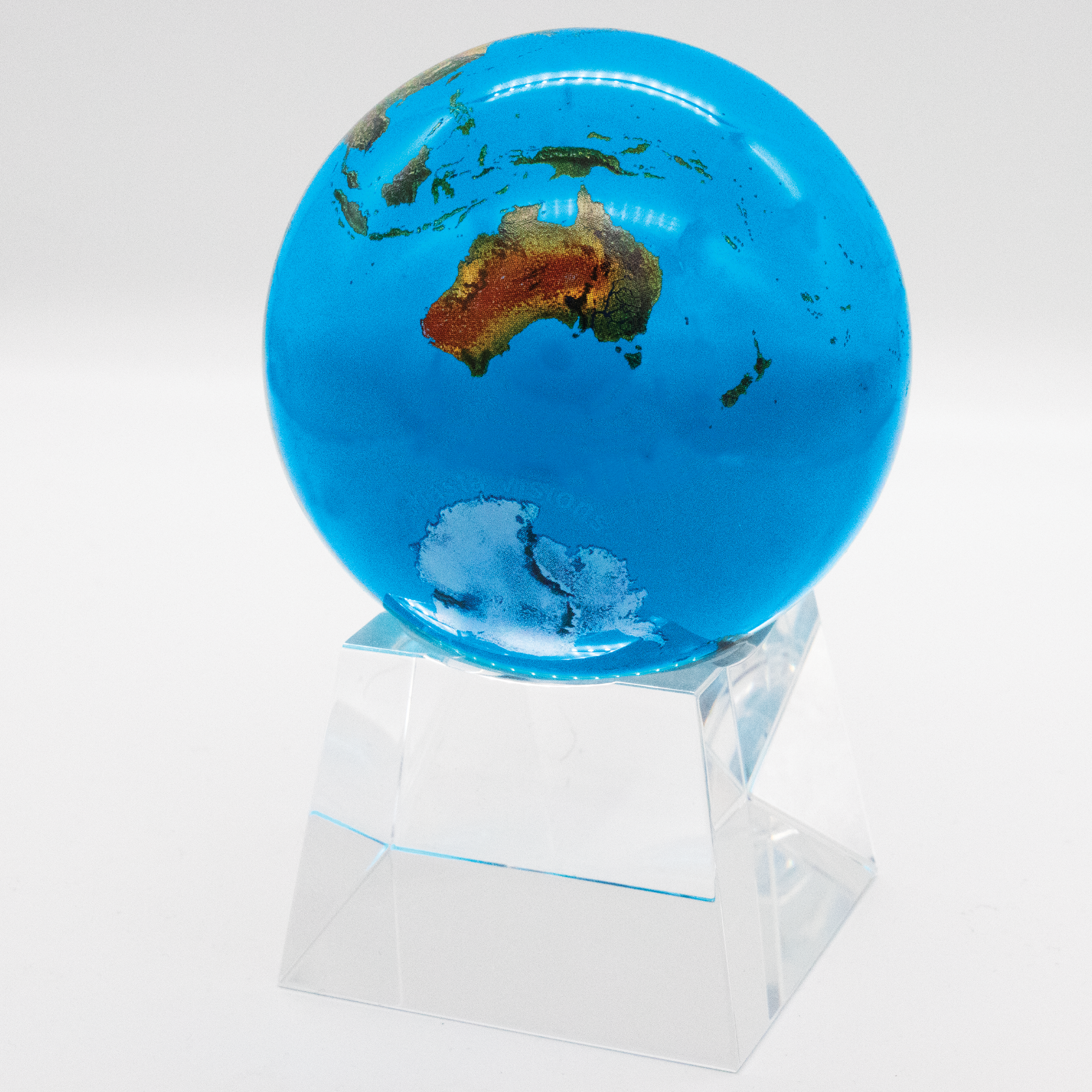 3” Aqua Crystal Natural Earth Globe - On Spinning Tapered Glass Base